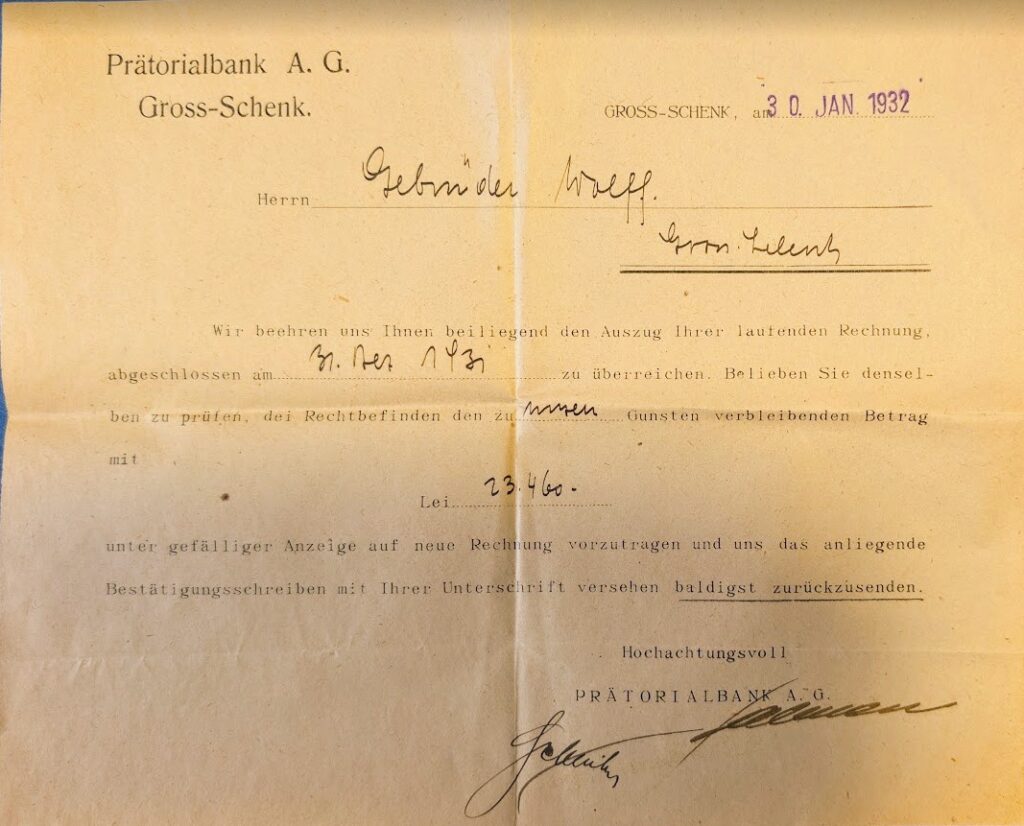 Handschriftlicher Jahresabschluss der Prätorialbank A.G. Gross-Schenk vom 30. Januar 1932 für Gebrüder Wolff über 23.460 Lei.