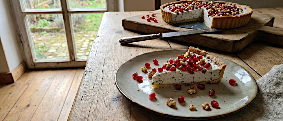 Ein angeschnittenes Stück Schwarze-Walnuss-Vanille-Tarte, garniert mit roten Granatapfelkernen und gerösteten Walnussstücken, serviert auf einem hellen Keramikteller. Im Hintergrund steht die restliche Tarte auf einem alten, gemaserten Tannenholztisch vor einem Kastenfenster.