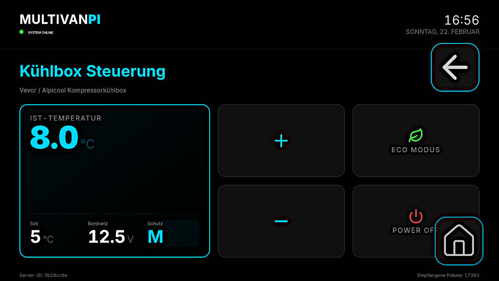Screenshot des MultivanPi Dashboards mit der programmierten Touch-Steuerung für eine Vevor Kompressorkühlbox. Zu sehen sind die Echtzeit-Temperatur, die Bordspannung sowie Buttons für den Eco-Modus.