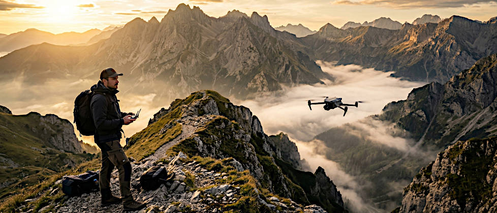 Ein Fotograf steuert eine DJI Air 3 Drohne über den nebeligen Karpaten im Sonnenaufgang – passend zu den aktuellen Drohnenregeln in Rumänien 2026.