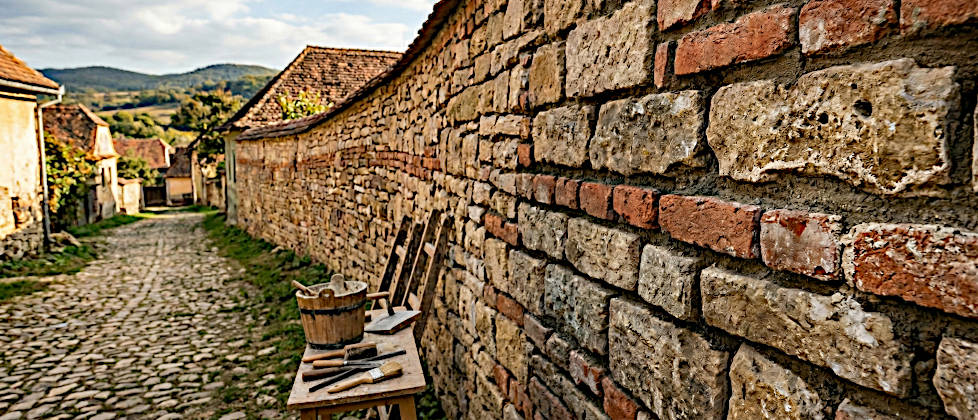 Nahaufnahme einer historischen Naturstein- und Ziegelwand in Siebenbürgen, an der frischer, heller Kalkmörtel für historisches Mauerwerk mit einer Kelle aufgetragen wird. Warmes Nachmittagslicht hebt die poröse Textur hervor.