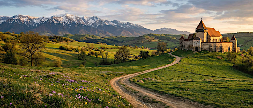 Ein Feldweg im Frühling vor einer historischen wehrhaften Kirchenburg in Siebenbürgen, im Hintergrund die schneebedeckten Karpaten.