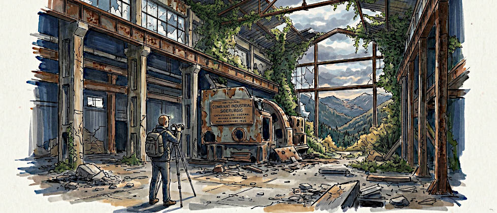 Illustration eines Fotografen mit Kamera auf einem Stativ in einer verlassenen, von Pflanzen überwucherten Industriehalle in Rumänien mit Blick auf die Karpaten.