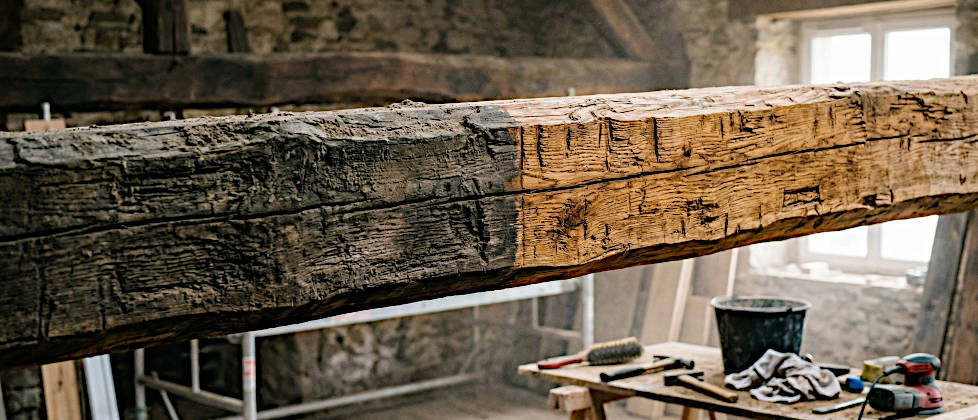 Aufnahme eines handgehauenen Eichenbalkens mit deutlichem Vorher-Nachher-Kontrast nach der Reinigung.