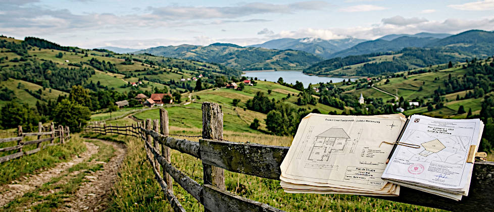 Weitwinkelaufnahme einer rumänischen Hügellandschaft mit See; im Vordergrund liegen Baupläne auf einem rustikalen Holzzaun, die die Bürokratie beim Bauen im Extravilan symbolisieren.