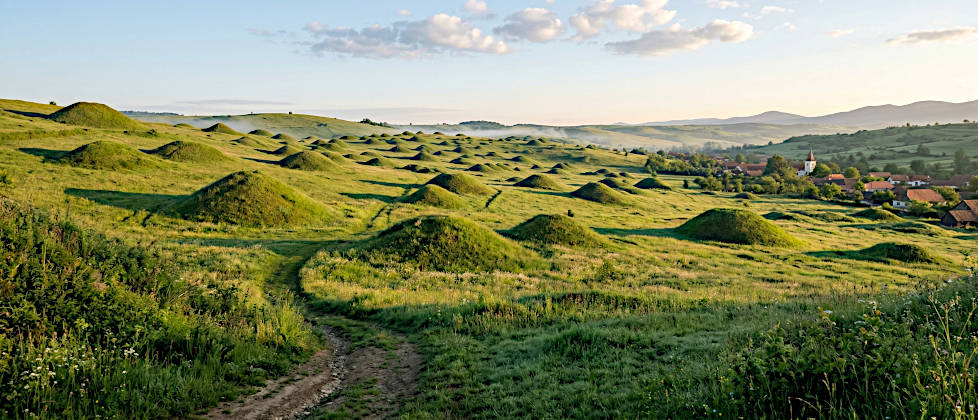 Sanfte grüne Hügellandschaft mit den markanten, kegelförmigen Hügelgräbern bei Hundertbücheln im Harbachtal im Licht eines Frühlingsmorgens.