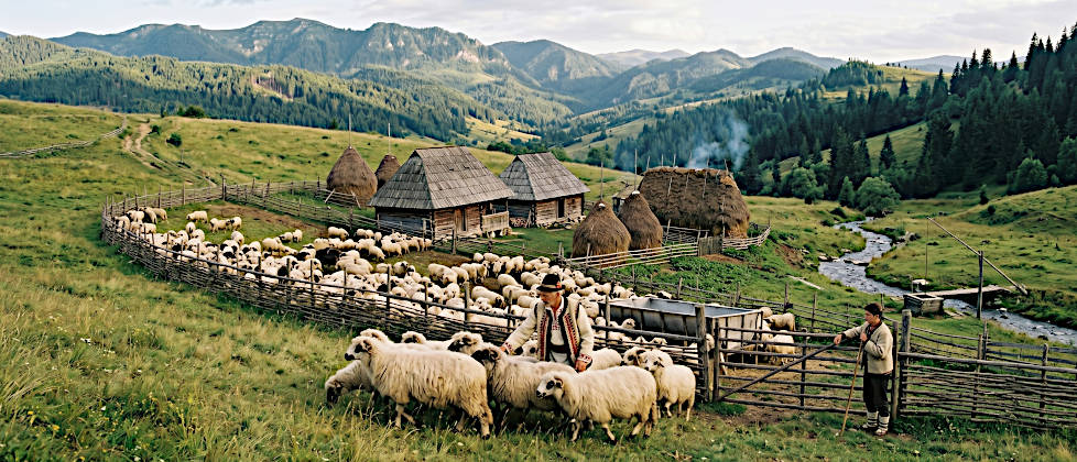Eine weite Berglandschaft im Apuseni-Gebirge. Im Vordergrund treiben zwei Hirten in traditioneller Kleidung eine große Schafherde durch einen Holzpferch. Im Hintergrund stehen alte Holzhäuser mit steilen Strohdächern und Heuschober an einem kleinen Fluss.