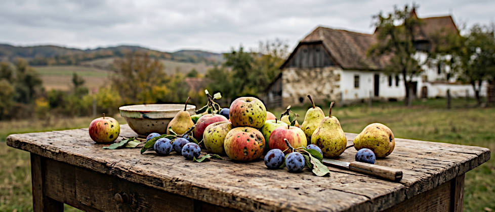 Auf einem rustikalen Holztisch liegen alte, naturbelassene Äpfel, Birnen und Pflaumen, im unscharfen Hintergrund ist ein traditionelles sächsisches Bauernhaus in Siebenbürgen zu sehen.