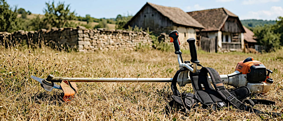Eine Motorsense (Freischneider) der Marke Stihl mit Tragegurt liegt auf trockenem Gras. Im Hintergrund sind eine alte Natursteinmauer, traditionelle Bauernhäuser und bewaldete Hügel unter klarem Himmel zu sehen.