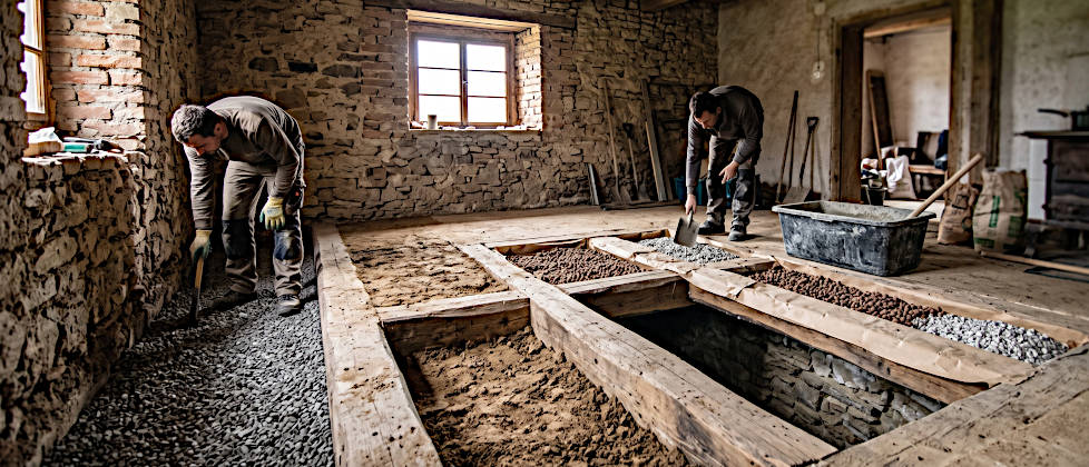 Innenaufnahme einer Baustelle in einem alten Steinhaus. Zwei Handwerker arbeiten am Bodenaufbau zwischen freigelegten Holzbalken. Die Gefache sind sichtbar mit verschiedenen Materialien wie dunklem Stampflehm, braunem Blähton und grauem Kies gefüllt. Werkzeuge und Materialsäcke liegen bereit.