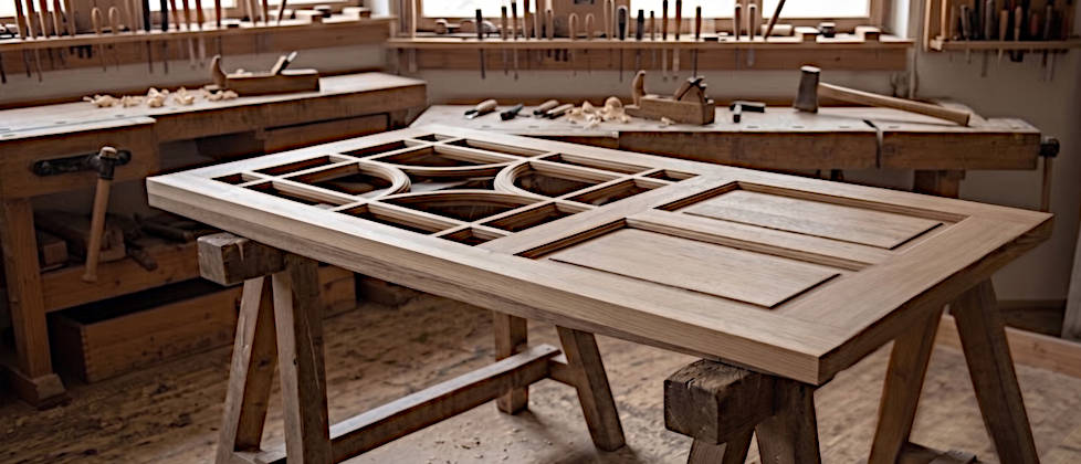 Nahaufnahme einer detailliert gefertigten, unfertigen Holztür, die auf Holzböcken in einer traditionellen Schreinerei ruht. Die Tür zeigt ein komplexes geometrisches Gitterwerk mit Bögen und leeren Glasfächern im oberen Teil sowie erhöhte Paneele im unteren Teil. Im Hintergrund Werkbänke mit Handwerkzeugen wie Hobeln, Meißeln und Hämmern. Tageslicht fällt durch Fenster
