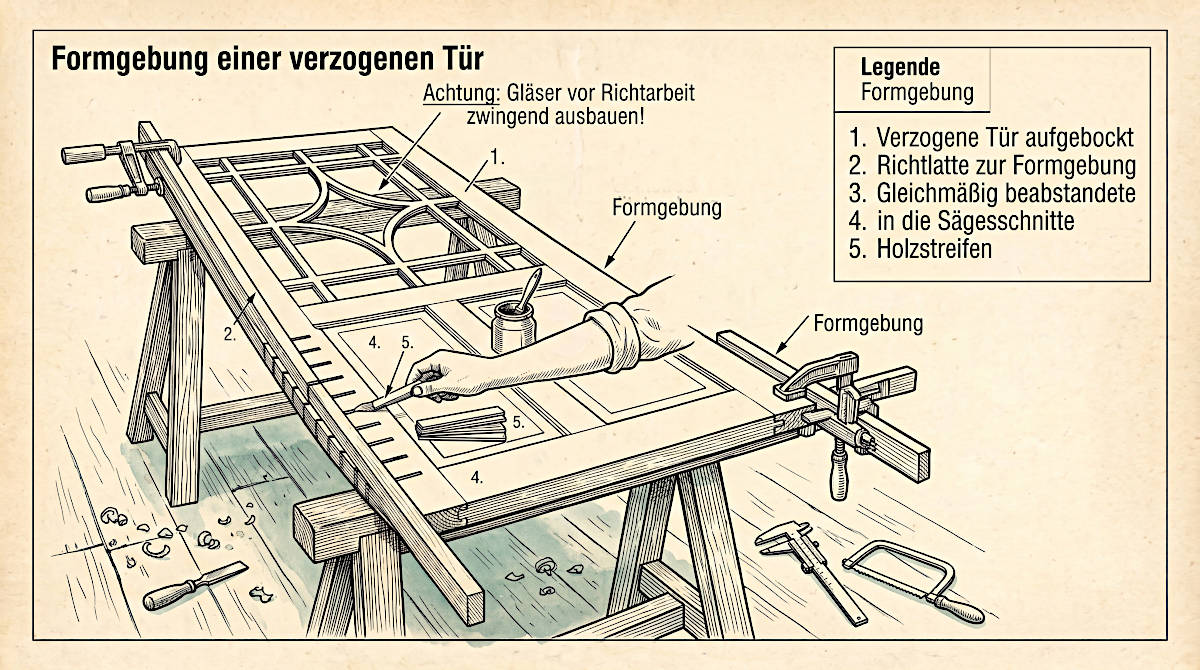 Eine detaillierte, handgezeichnete technische Diagramm-Illustration auf gealtertem Papier, die die Schritte zur Formgebung und Restaurierung einer verzogenen historischen Holztür zeigt. Die Tür liegt auf Sägeböcken. Eine Hand wird beim Auftragen von Leim auf dünne Holzstreifen und deren Einsetzen in Sägeschlitze an der Tür Kante gezeigt. Beschriftete Pfeile (1-5) verweisen auf eine detaillierte Legende, die nummerierte Schritte wie "Verzogene Tür aufgebockt", "Richtlatte zur Formgebung", "Gleichmäßig beabstandete Entlastungsschnitte" und "Einkleben der Holzstreifen in die Sägeschnitte" beschreibt. Oben steht der Titel "Formgebung einer verzogenen Tür" und ein Warnhinweis, Glaspaneele vor der Arbeit auszubauen.