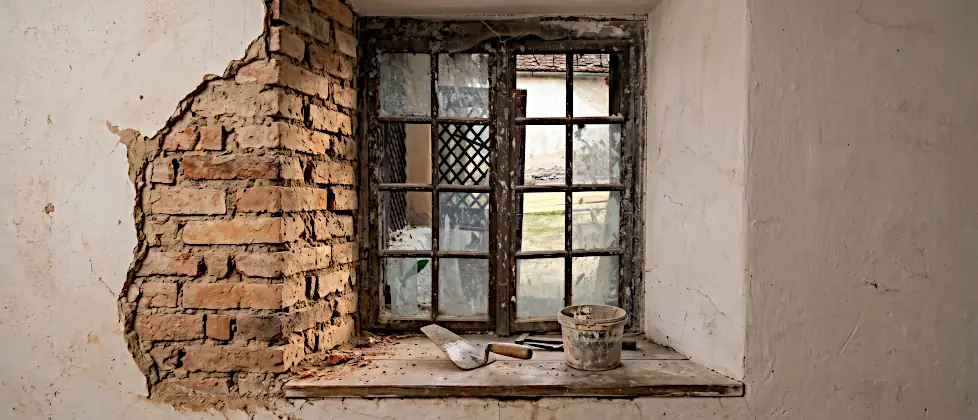 Ziegelwand dämmen im Altbau: freigelegte Feldbrandziegel und Kalkputz in der tiefen Fensterlaibung eines sächsischen Bauernhauses in Siebenbürgen
